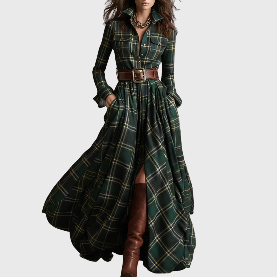 Laura | Pikk ruuduline kleit vööga