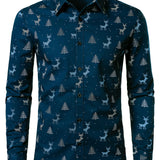 Meeste Jõulupuu Põder Prindiga Hingav Tumesinine Pikakä sleeves Särk