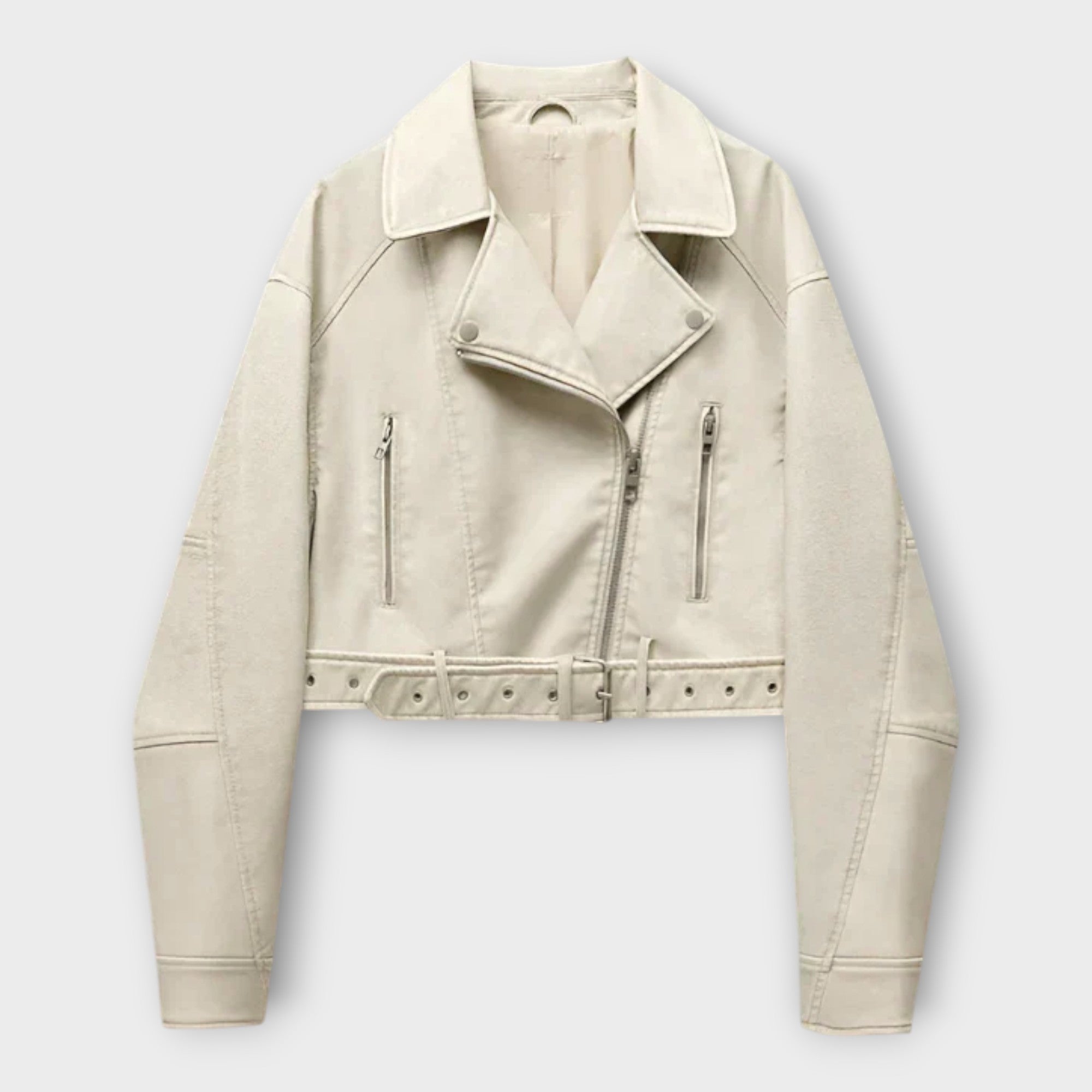 Moodne lühike nahktagi vööga ja elegantne välimus